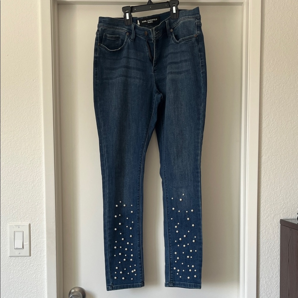 Karl Lagerfeld Dark Blue Skinny Jeans with Pearl Studs